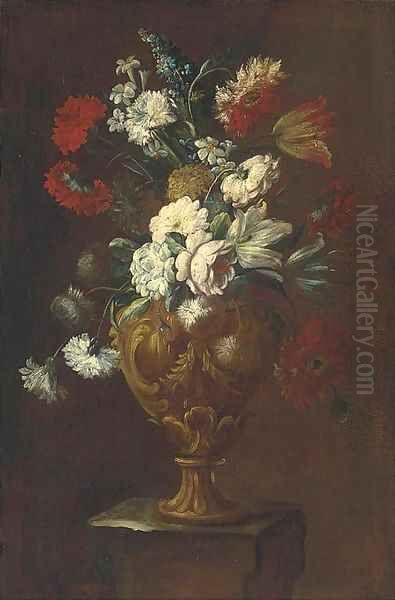 Parrot tulips, roses, carnations and other flowers in a sculpted vase on a pedestal Oil Painting by Elisabetta Marchioni