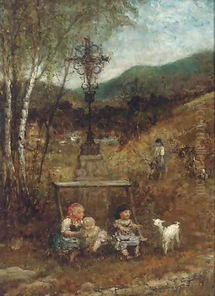 Children with a kid in a landscape Oil Painting by Francesco Paolo Michetti