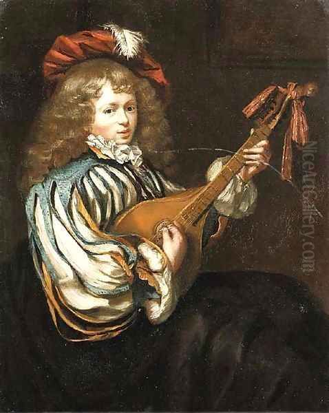 A young boy in a feathered red cap playing the mandolin Oil Painting by Frans van Mieris