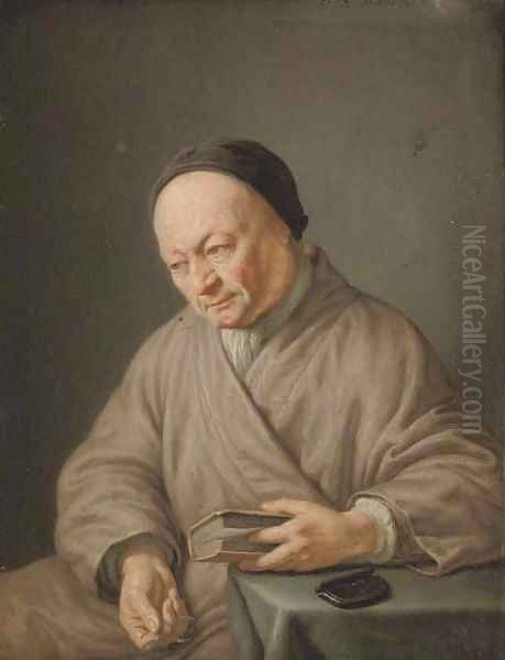 An elderly man, three-quarter-length, seated in a beige robe with a black cap, holding a book in his left hand and glasses in his right Oil Painting by Frans van Mieris