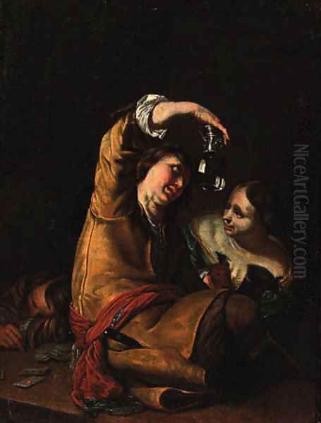 A guard holding an upturned roemer with a serving wench in a tavern Oil Painting by Frans van Mieris