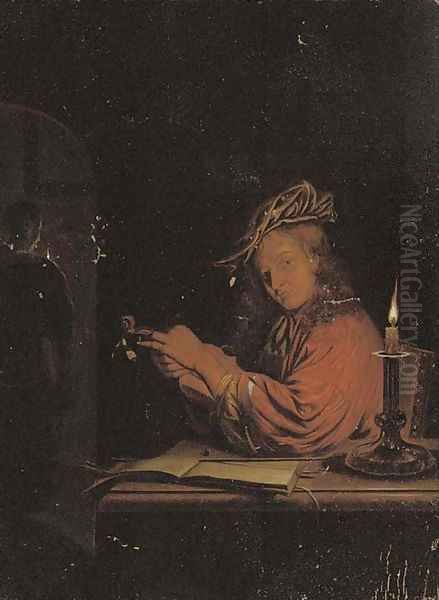 A man stringing a fiddle at a desk, a woman at an archway behind Oil Painting by Frans van Mieris