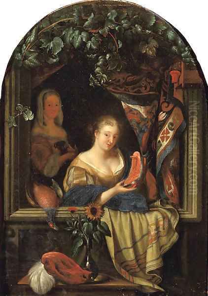 A woman at a feigned stone window holding a salmon-steak Oil Painting by Frans van Mieris