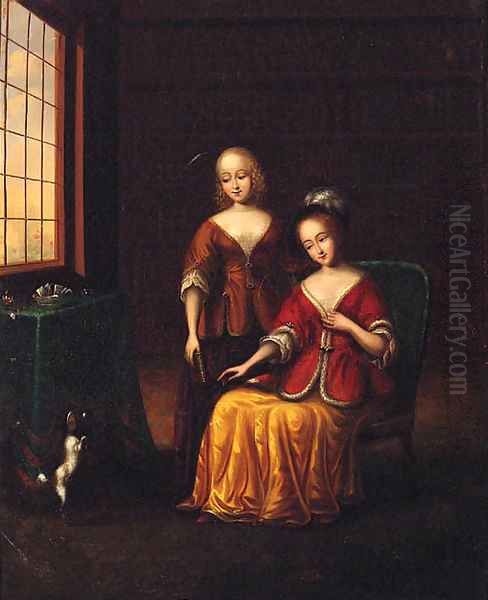 Elegant Ladies With A Toy Spaniel In An Interior Oil Painting by Frans van Mieris