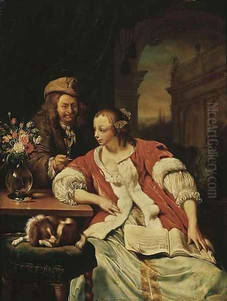 A man offering a glass of wine to an elegant young lady studying music in an interior Oil Painting by Frans van Mieris