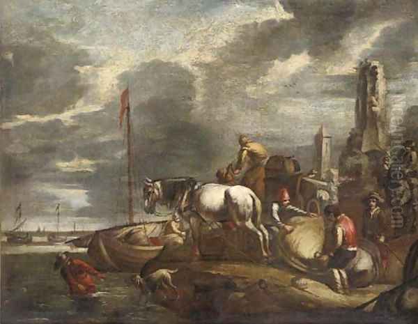 Stevedores at a harbour Oil Painting by Giovanni De Momper