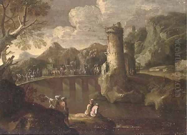 A mountainous landsape with a caravan crossing a turretted bridge, anglers in the foreground Oil Painting by Giovanni De Momper