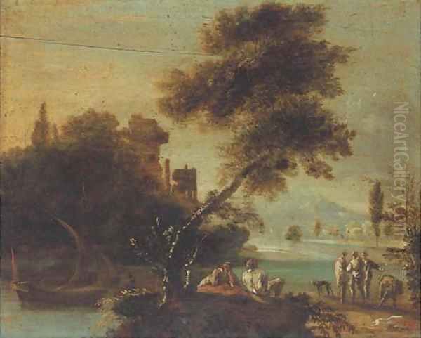 A wooded river landscape with figures resting by a river bank, classical ruins beyond Oil Painting by Giovanni De Momper