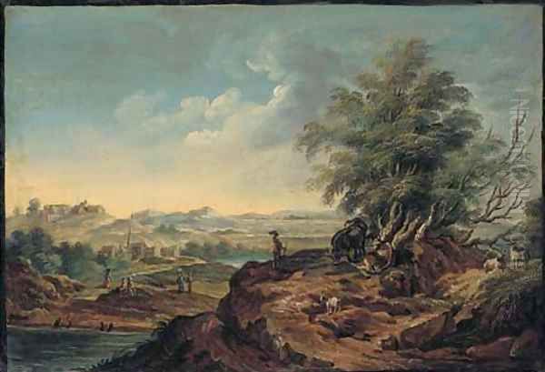 An extensive landscape with a herdsman and livestock in the foreground, a village seen beyond Oil Painting by Martin von Molitor