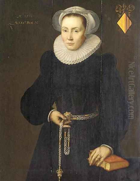 Portrait of a lady, aged 30, three-quarter-length, in a black dress with a white ruff, a pomander in her right hand, her left arm resting on a book Oil Painting by Michiel Jansz. van Mierevelt