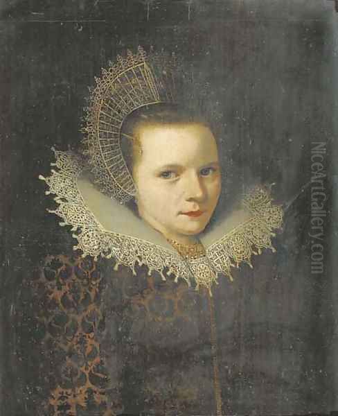 Portrait of a lady, bust length, in a brown velvet dress with a floral pattern and a white lace collar, a gold necklace, and a white lace cap fastened Oil Painting by Michiel Jansz. van Mierevelt