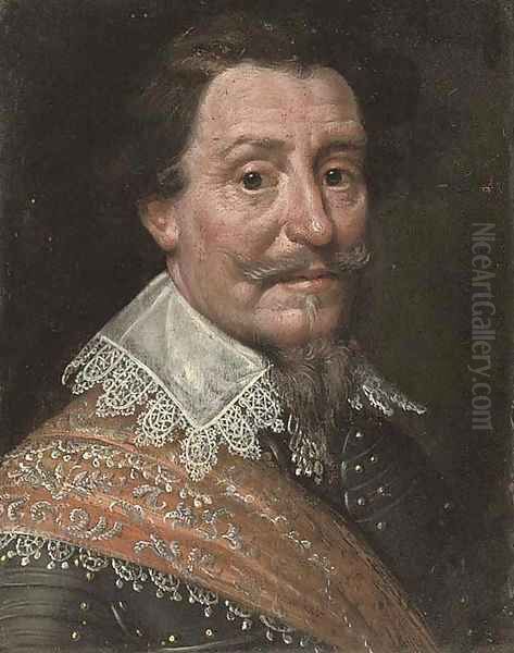 Portrait of a gentleman, bust-length, in armour, with a lace collar and red sash Oil Painting by Michiel Jansz. van Mierevelt