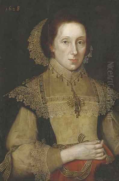 Portrait of a lady, three-quarter-length, in a black, white and red dress, with white lace collar, cuffs and headdress, a fan in her right hand Oil Painting by Michiel Jansz. van Mierevelt