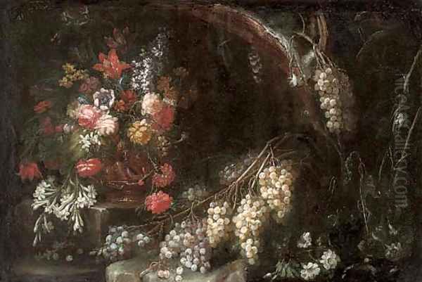 Roses, carnations, narcissi and other flowers in a gilt urn with grapes in a wooded clearing Oil Painting by Nicola Malinconico