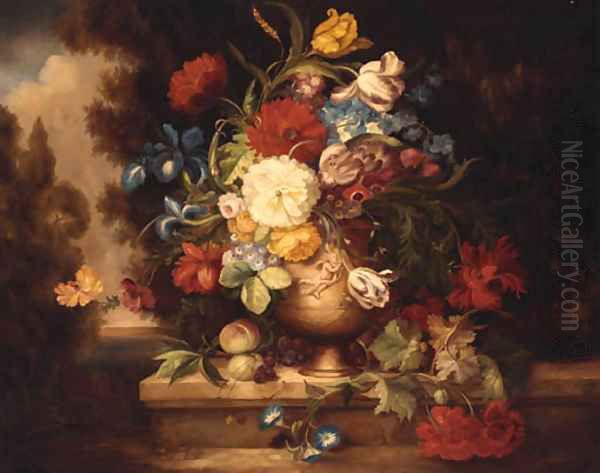 A Vase Of Mixed Flowers On A Ledge Oil Painting by Of Jean-Baptiste Monnoyer