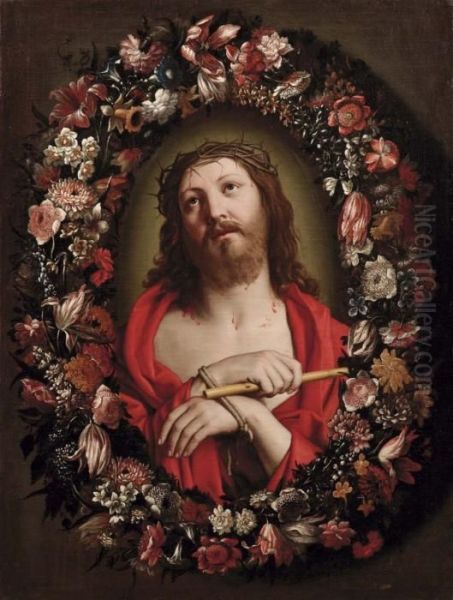 Busto Di Cristo Come Ecce Homo Entro Ghirlanda Di Fiori Olio Su Tela Oil Painting by Giovanni Battista Salvi