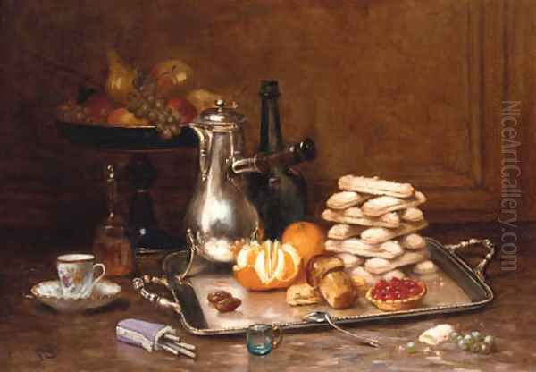 A coffee-pot, a peeled orange, a stack of meringues and a fruit tart on a silver tray Oil Painting by Desire Alfred Magne