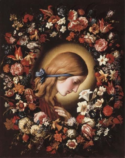 The Virgin Annunciate Surrounded By A Garland Of Flowers Oil Painting by Giovanni Battista Salvi