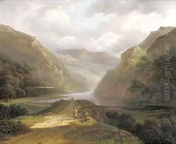 A mountain landscape with countrymen taking a break Oil Painting by Louis Meijer