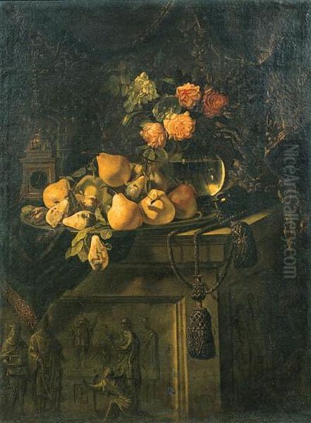 Fruit On A Plate, Flowers In A Glass Vase And A Clock On A Drapedpedestal Oil Painting by Giovanni Battista Salvi