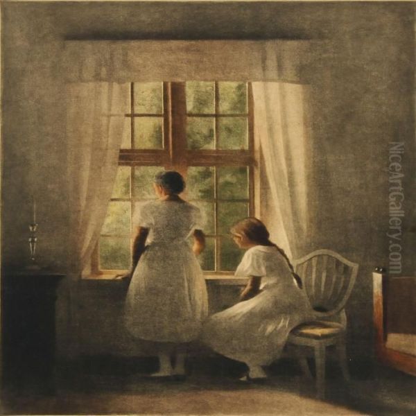 Two Girls At A Window Oil Painting by Peder Vilhelm Ilsted