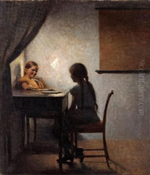 Interior With Two Girls Oil Painting by Peder Vilhelm Ilsted