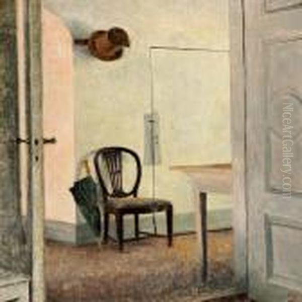 Interior From Liselund Manor With An Umbrella And A Top Hat On A Hook Oil Painting by Peder Vilhelm Ilsted