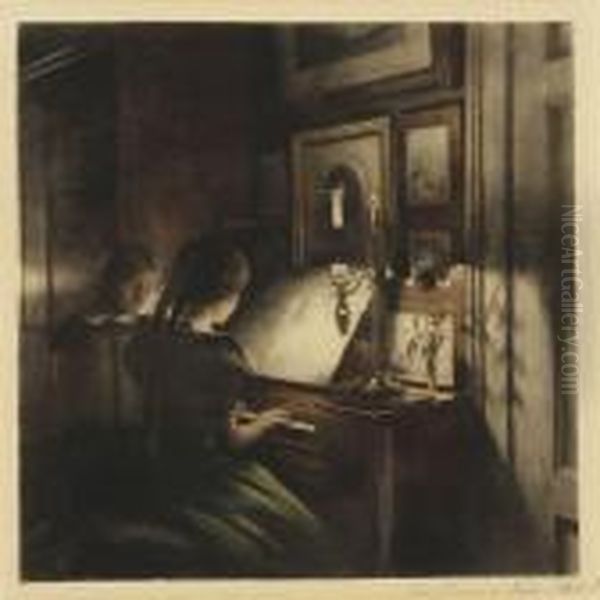 Evening Picture With Two Girls At The Piano Oil Painting by Peder Vilhelm Ilsted