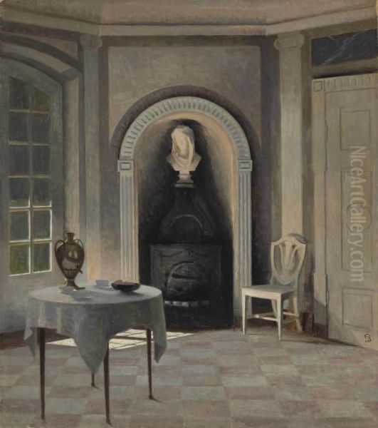 A Sunlit Interior Oil Painting by Peder Vilhelm Ilsted