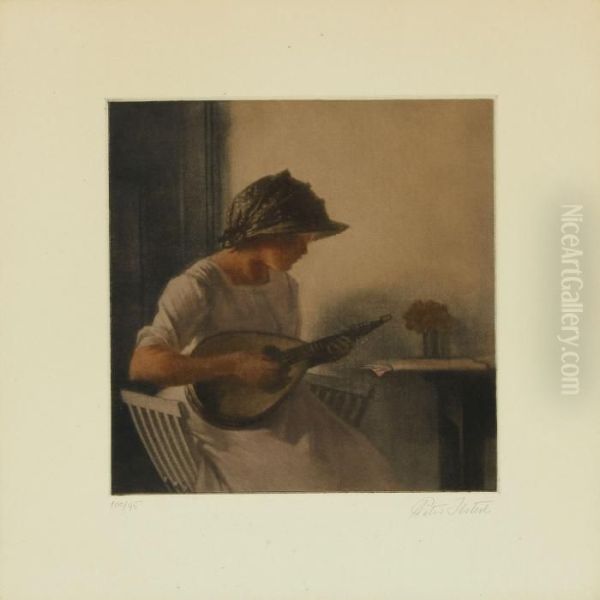 Playing The Mandolin Oil Painting by Peder Vilhelm Ilsted