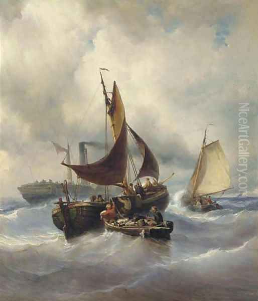 Unloading the catch in stormy weather Oil Painting by Louis Meijer