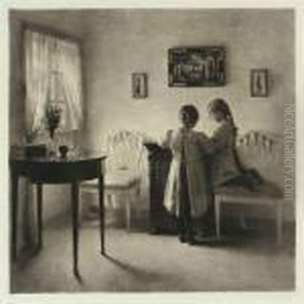 Two Little Girls Playing Oil Painting by Peder Vilhelm Ilsted