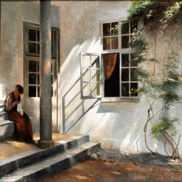 Woman Sewing Outside Liselund Oil Painting by Peder Vilhelm Ilsted