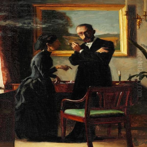 Interior With A Couple, The Man Is Smoking A Cigar While Listening To His Wife Oil Painting by Peder Vilhelm Ilsted