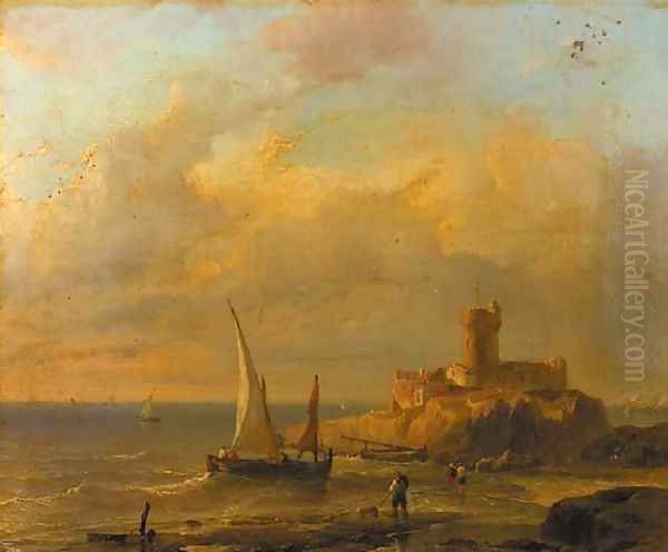 A coastal scene with fishermen, a fortress on a rocky outcrop in the background Oil Painting by Louis Meijer