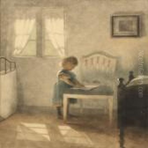 Interior With The Artists Daughter Ellen Oil Painting by Peder Vilhelm Ilsted