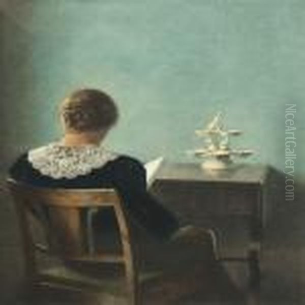 Woman Reading Oil Painting by Peder Vilhelm Ilsted