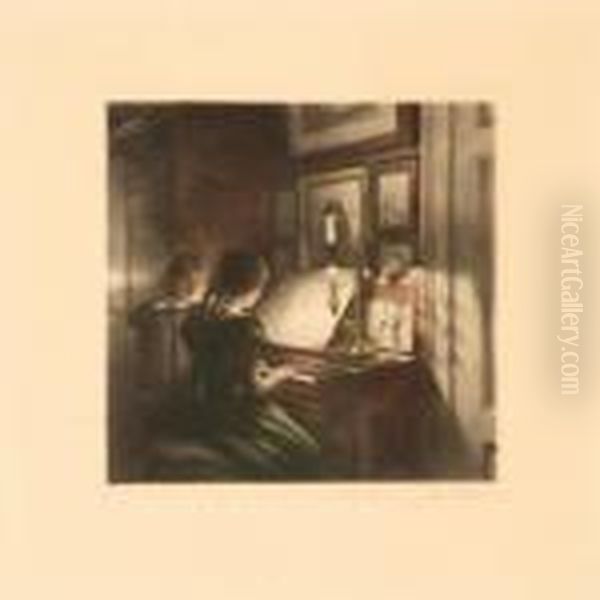 Interior With Two Girls Playing Piano Oil Painting by Peder Vilhelm Ilsted