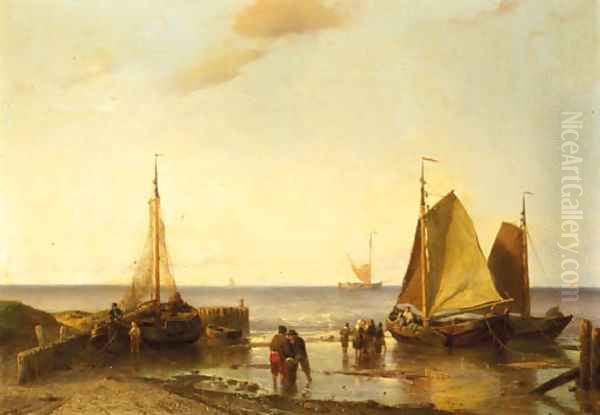 Fisherfolk near beached pinken at dusk Oil Painting by Louis Meijer