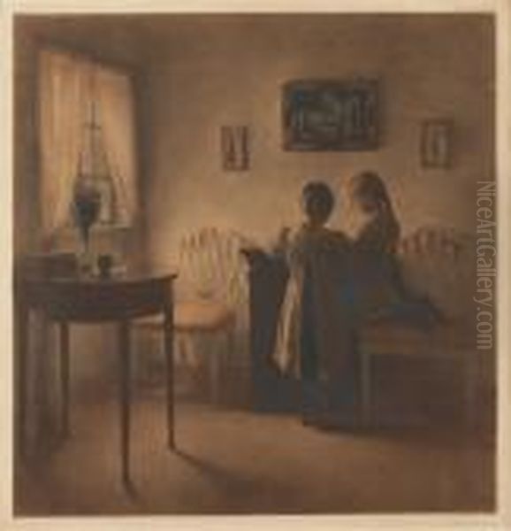 Two Little Girls Playing Oil Painting by Peder Vilhelm Ilsted