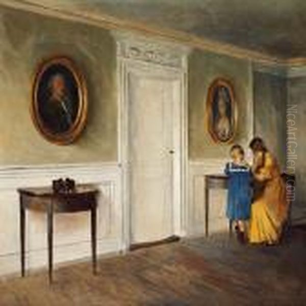 Interior From Liselund With The Artist's Daughtersreading Oil Painting by Peder Vilhelm Ilsted