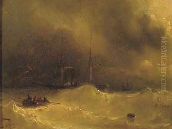 Lightning at sea Oil Painting by Louis Meijer