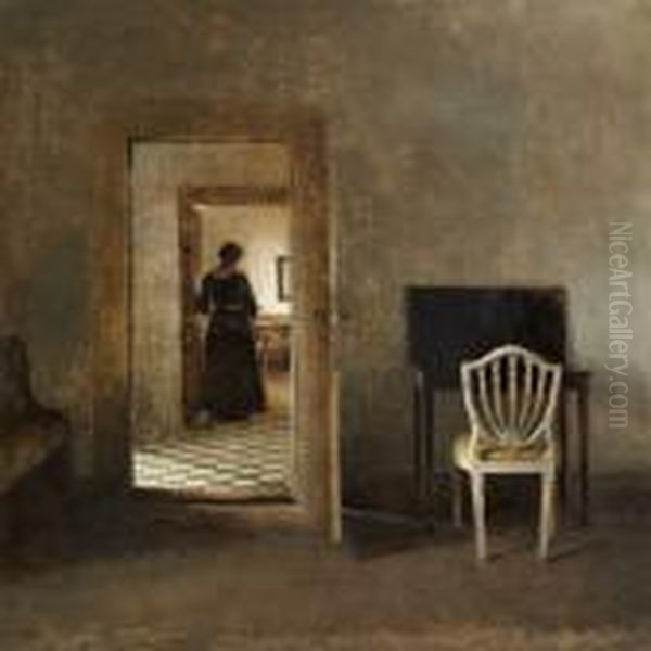 Interior From Liselund With A Woman Standing In The Doorway Oil Painting by Peder Vilhelm Ilsted