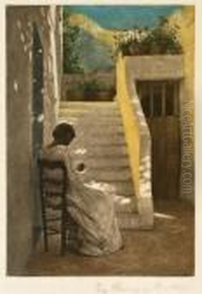 Girlreading In A Courtyard Oil Painting by Peder Vilhelm Ilsted