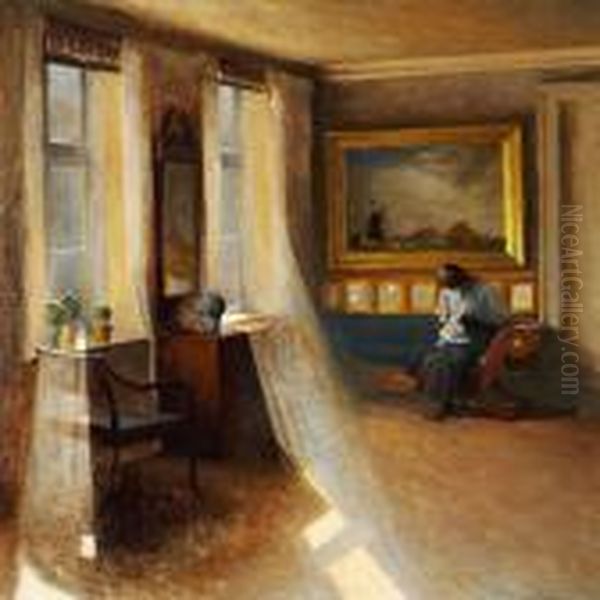 Interior With A Girl Sewing Oil Painting by Peder Vilhelm Ilsted