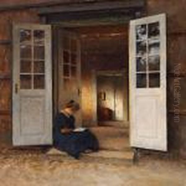 Young Girl Reading In The Doorway Oil Painting by Peder Vilhelm Ilsted