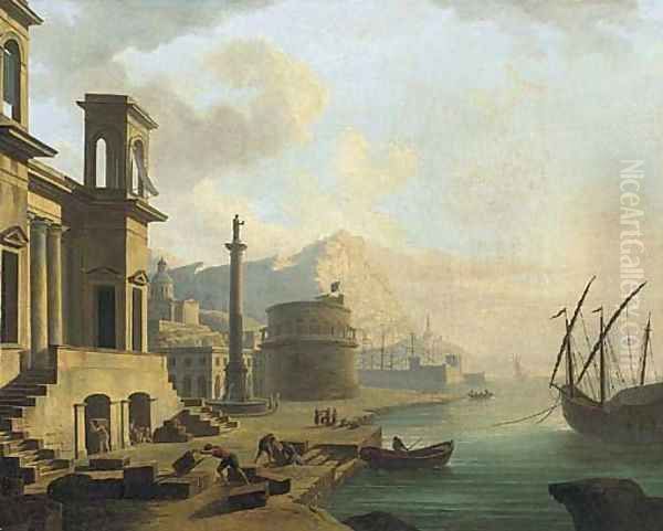 A capriccio of a Mediterranean harbour with stevedore's unloading wine Oil Painting by Adrien Manglard