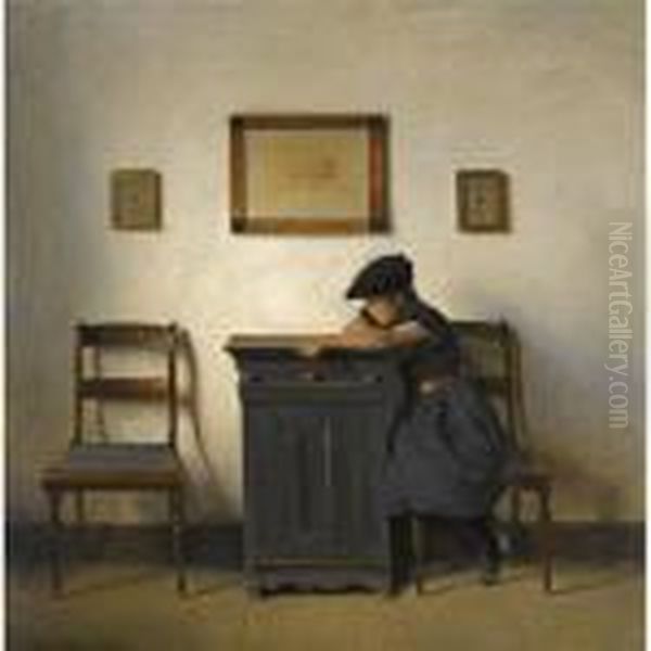 Young Girl In An Interior Oil Painting by Peder Vilhelm Ilsted