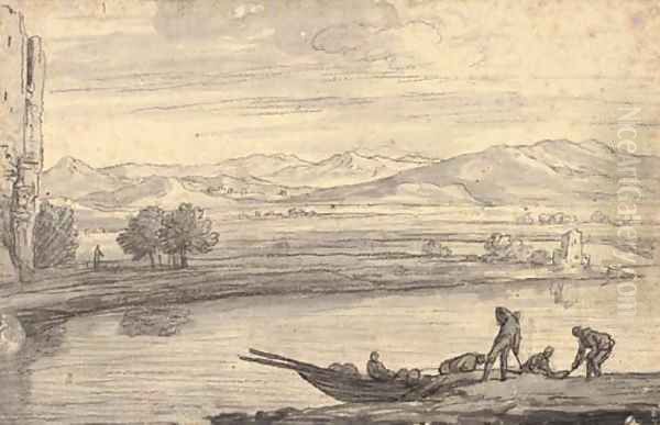 An Italianate landscape with boatmen on a river, ruins to the left Oil Painting by Adrien Manglard