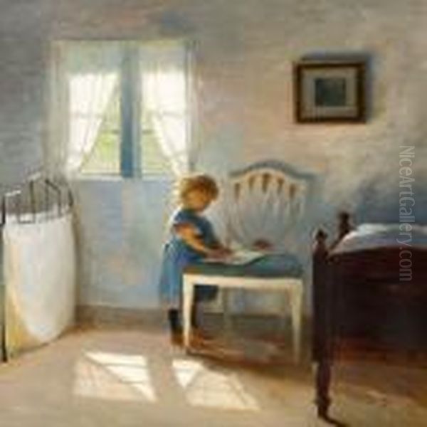 Sunny Interior With The Artist's Daughter Ellen At A White Chair Oil Painting by Peder Vilhelm Ilsted